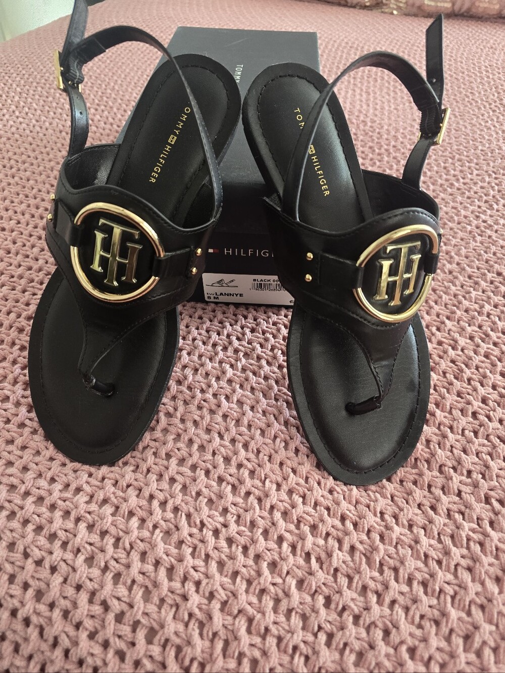 Tommy Hilfiger Black Sandal with Gold Logo Medallion